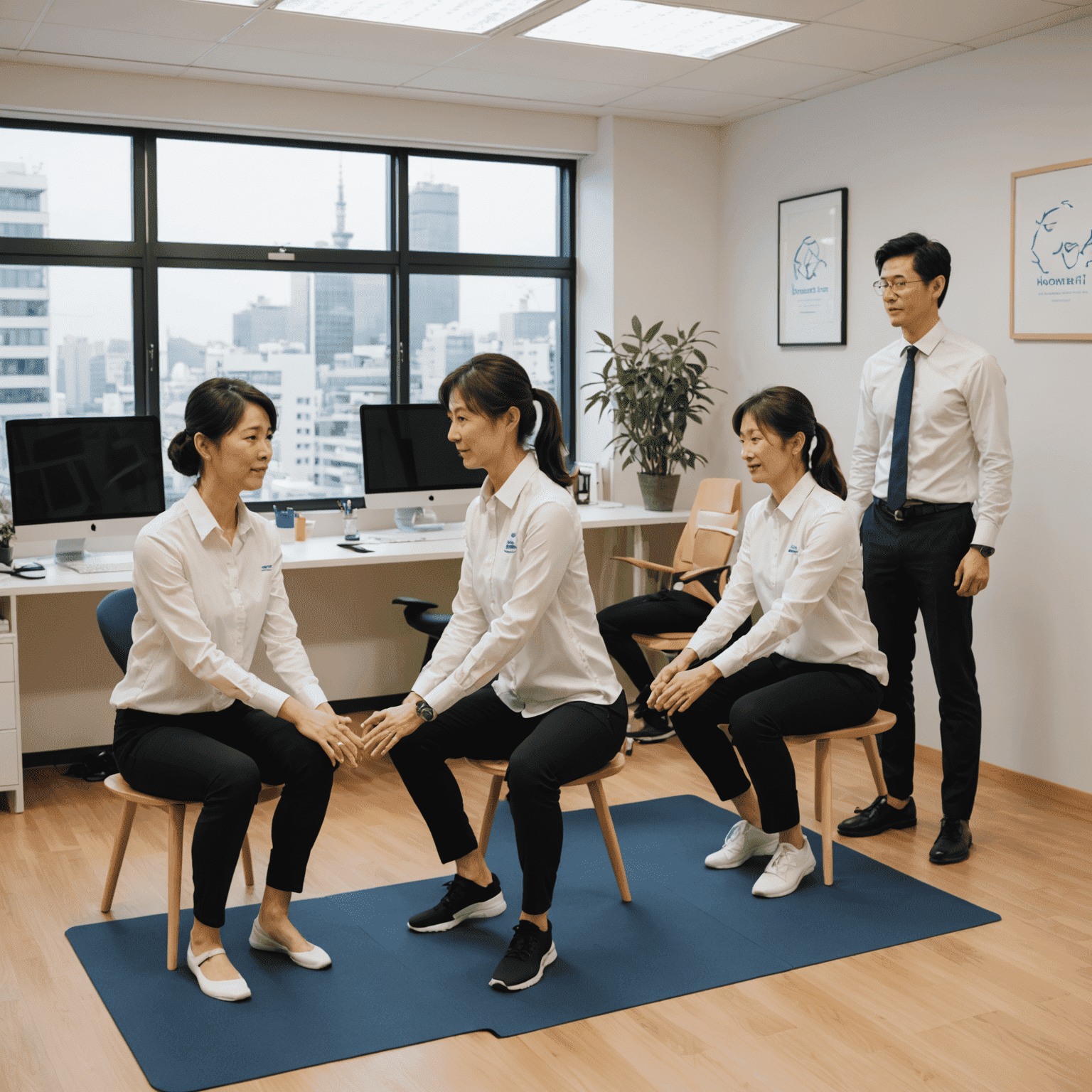 The HomeFit Vital team in their office in Japan, demonstrating simple home exercises