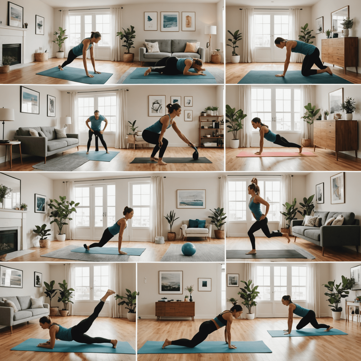 A collage of people doing various home exercises like push-ups, yoga, and using resistance bands in living room settings