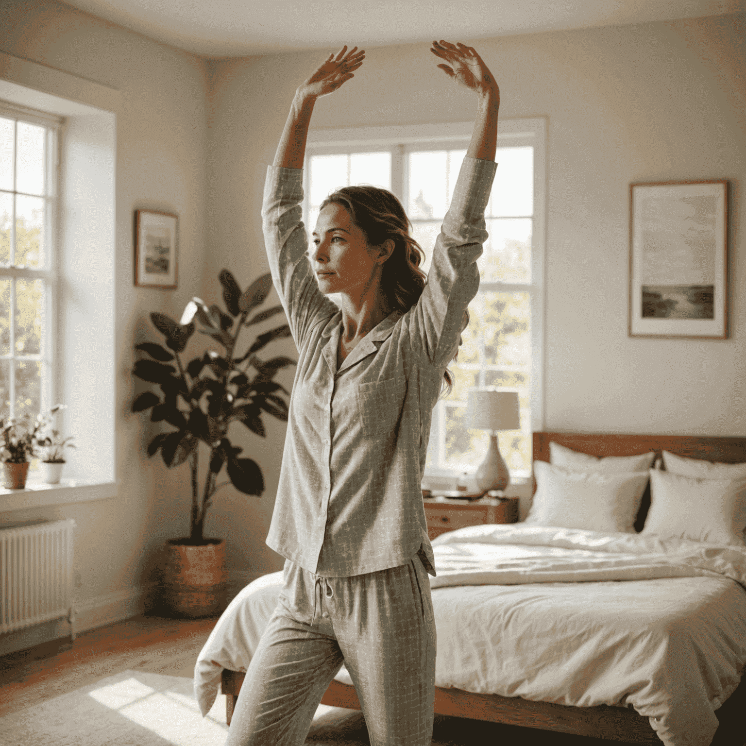 A woman in comfortable pajamas stretching her arms above her head in a sunlit bedroom, demonstrating the first move of the morning stretch routine