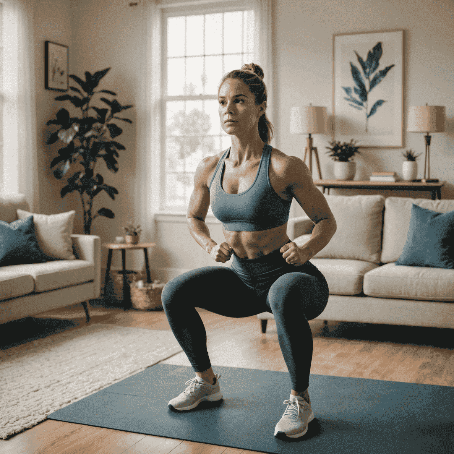 Woman demonstrating a bodyweight squat in a living room, wearing comfortable workout clothes