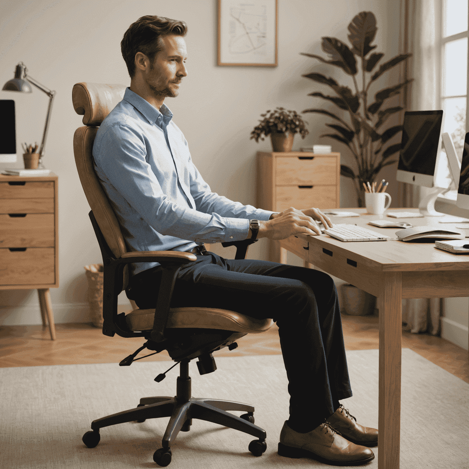 A person demonstrating desk chair swivels by rotating their upper body while seated