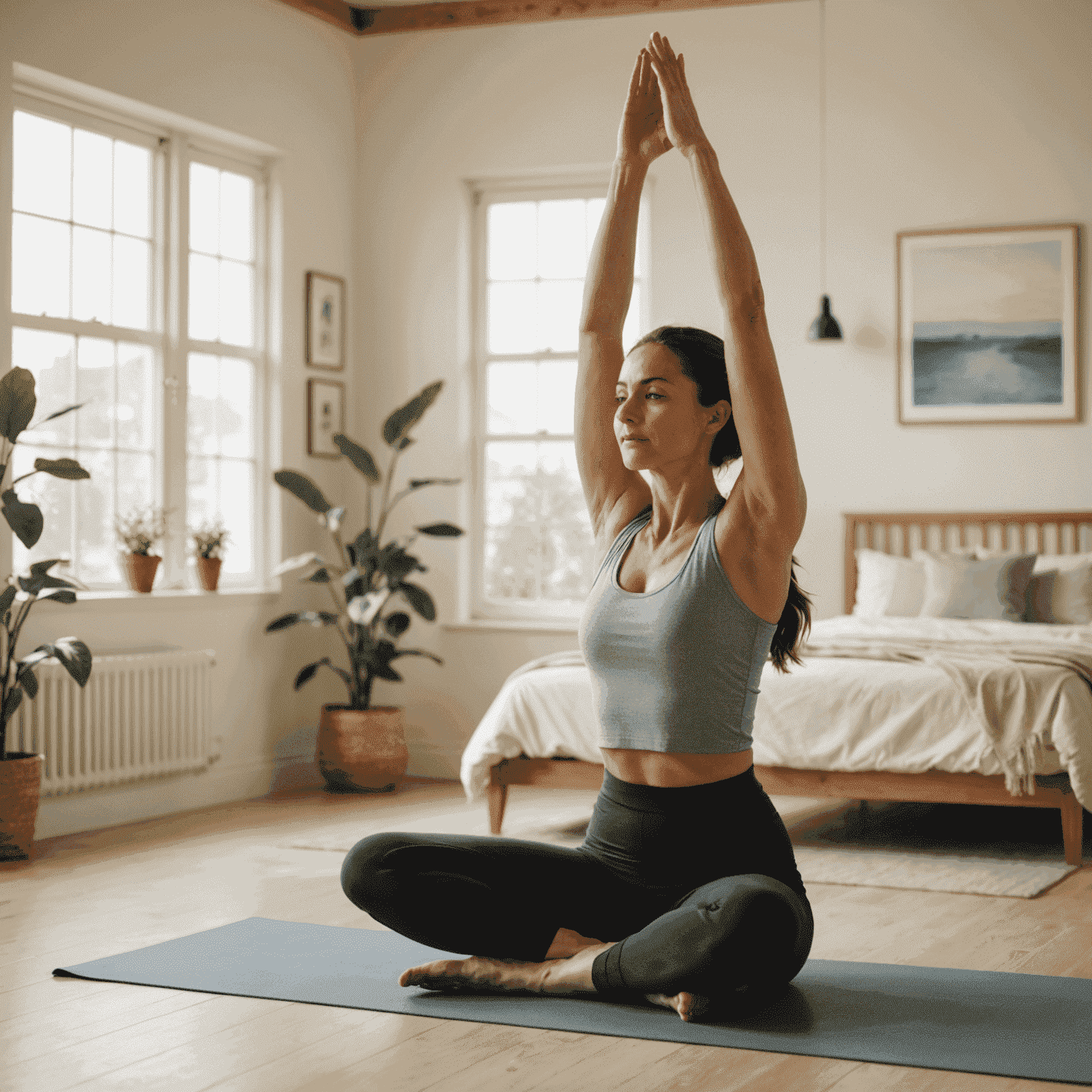 A woman performing a morning stretch routine in a bright, sunlit bedroom. She's reaching her arms overhead while sitting on a yoga mat.