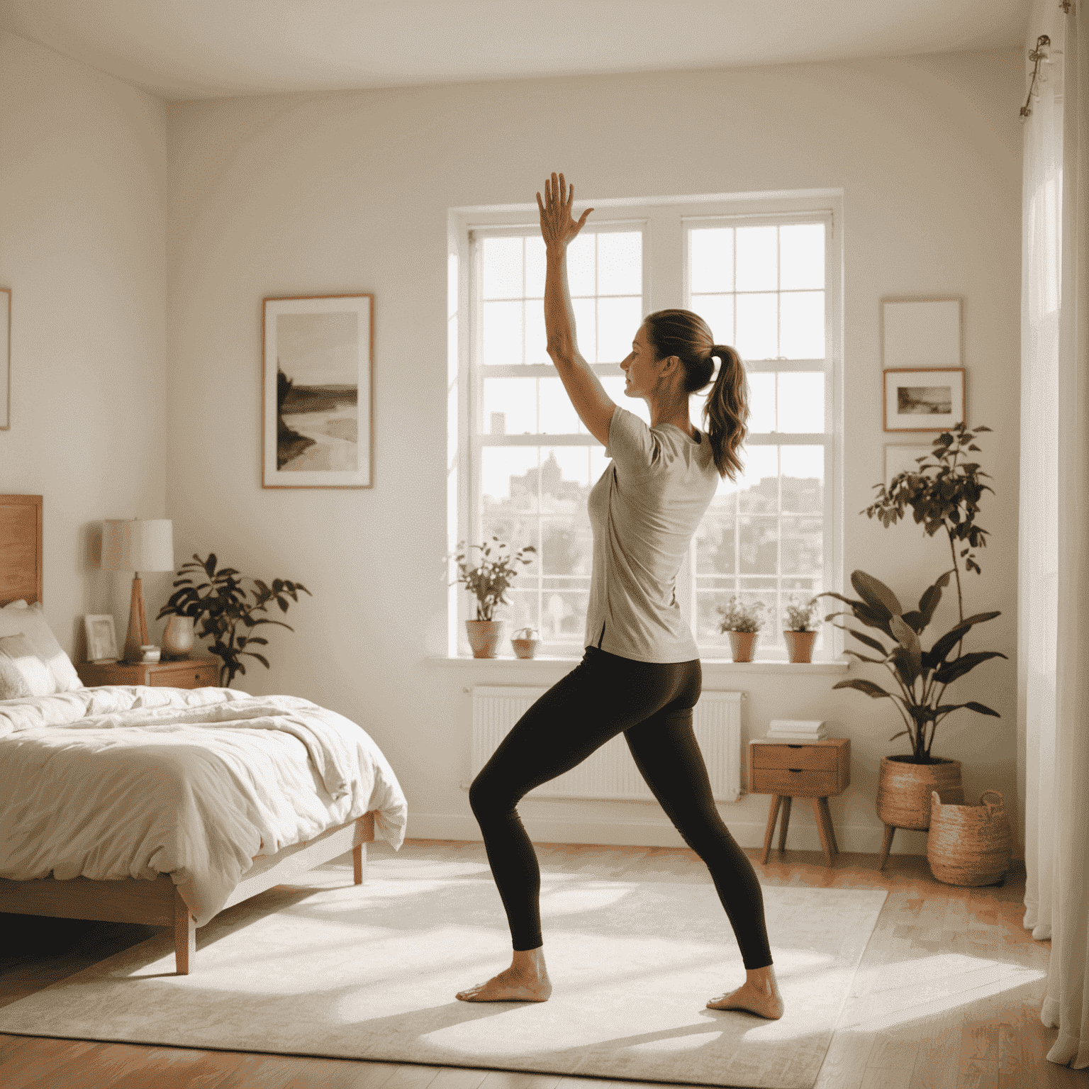 A woman stretching in a bright, sunlit bedroom, demonstrating a simple morning stretch routine