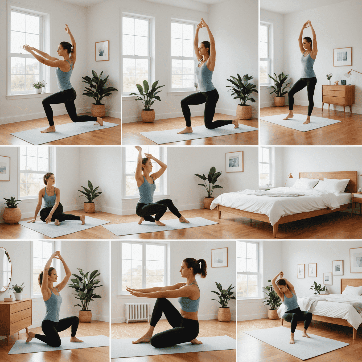 A collage of six images showing a woman demonstrating each stretch in the morning routine, performed in a bright, minimalist bedroom setting