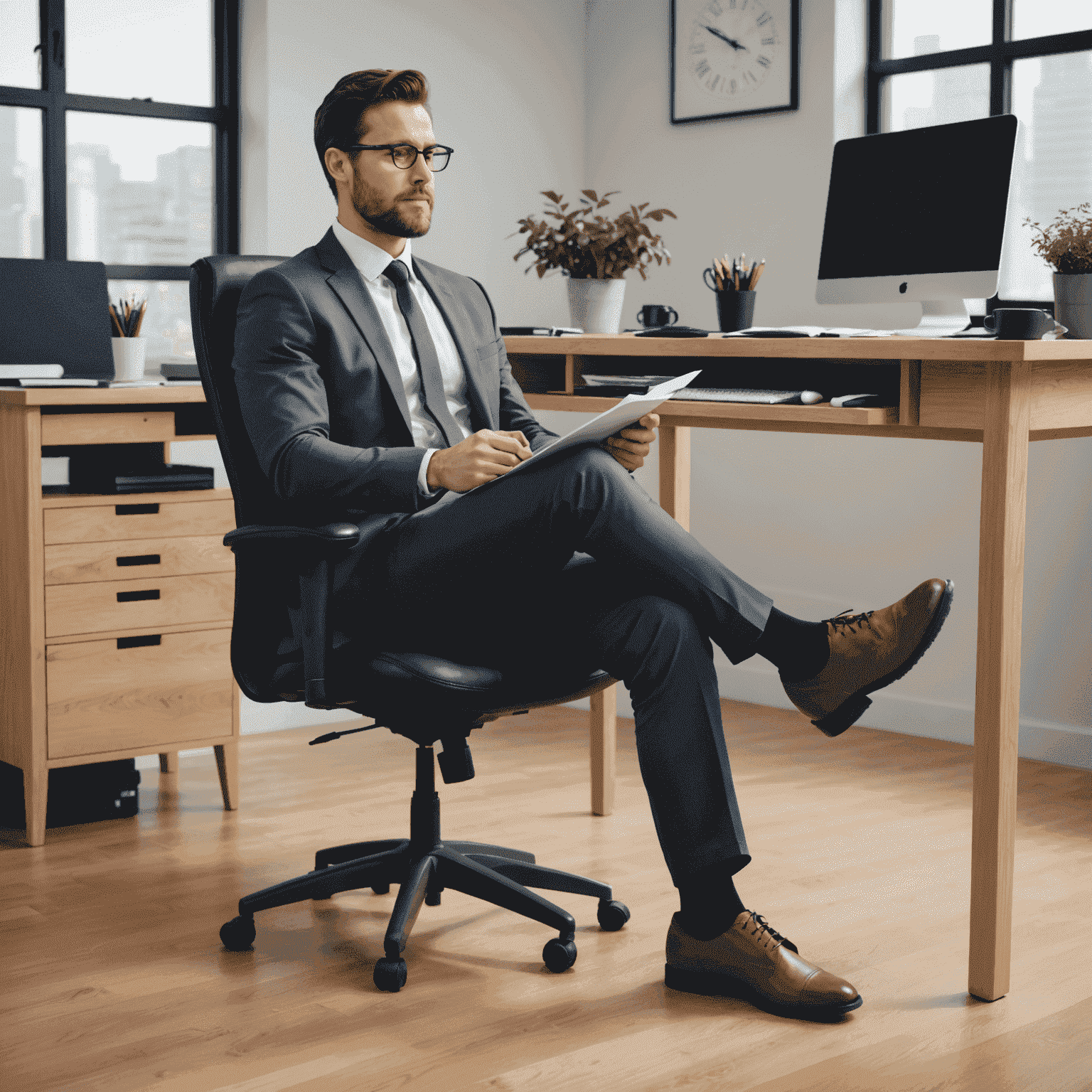 An office worker performing seated leg raises under their desk