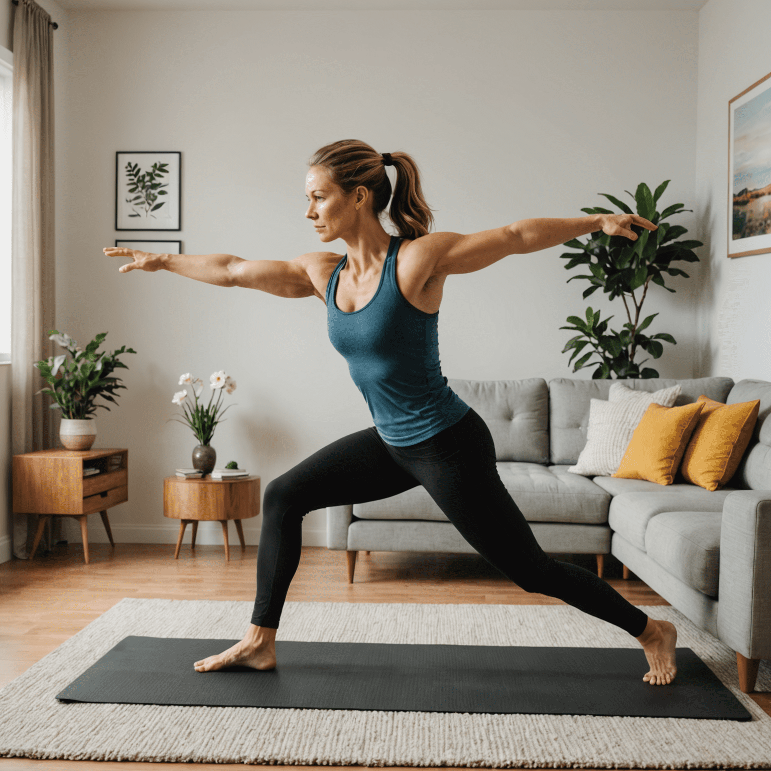 A person demonstrating a full body workout pose in a living room, using body weight for resistance