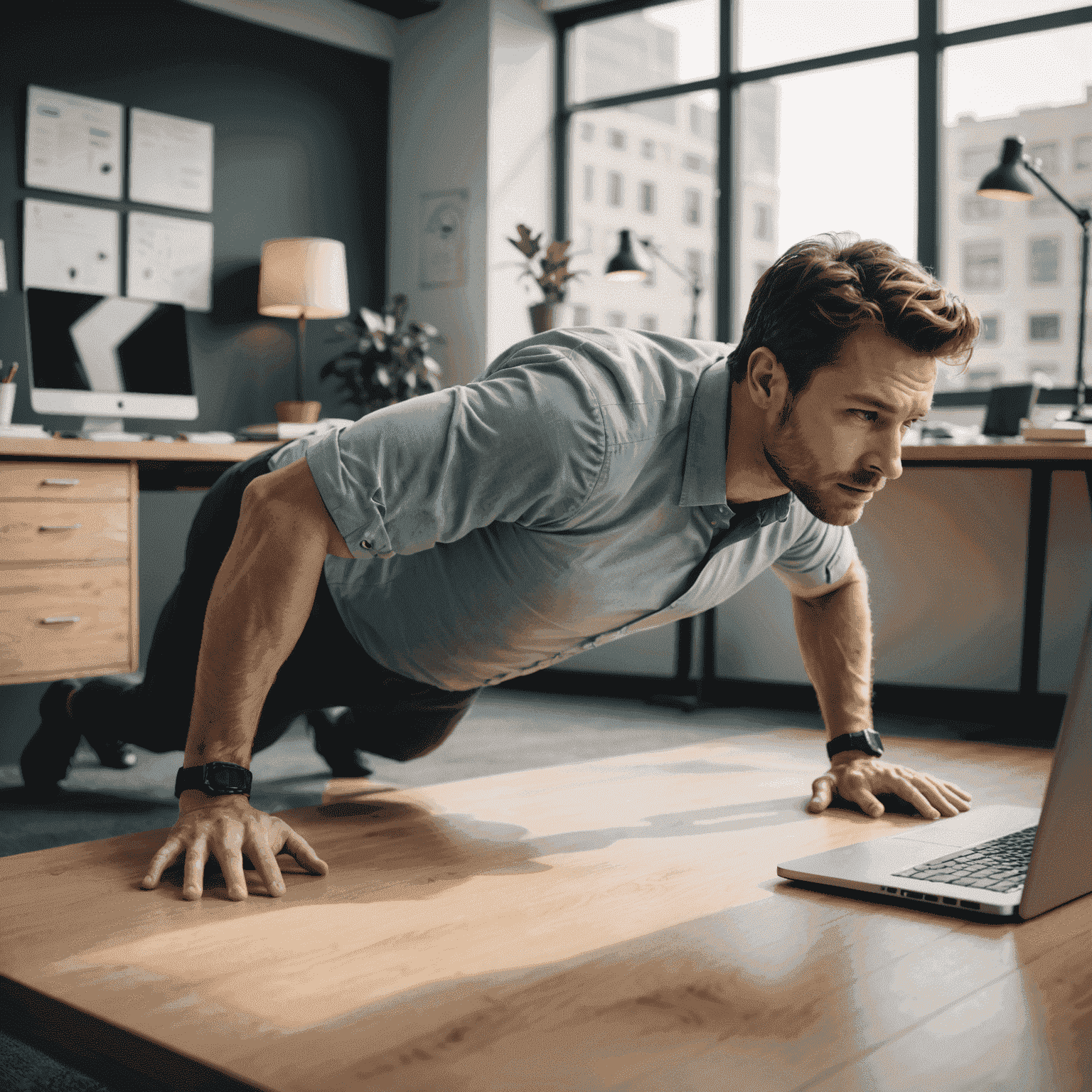 A person doing push-ups against their office desk