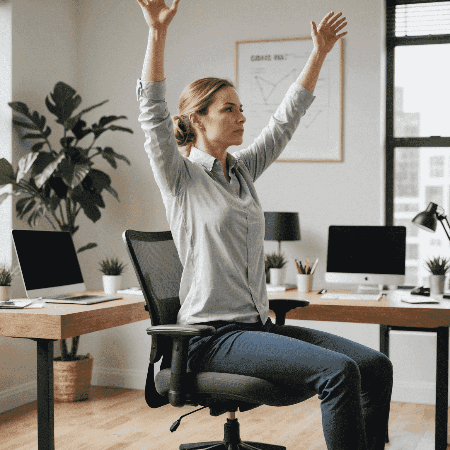 A person sitting at a desk performing stretching exercises. They are reaching their arms overhead while seated in an office chair.