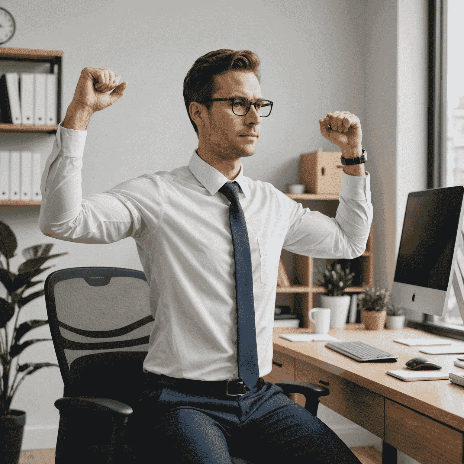 A person in office attire demonstrating desk exercises, stretching arms while seated