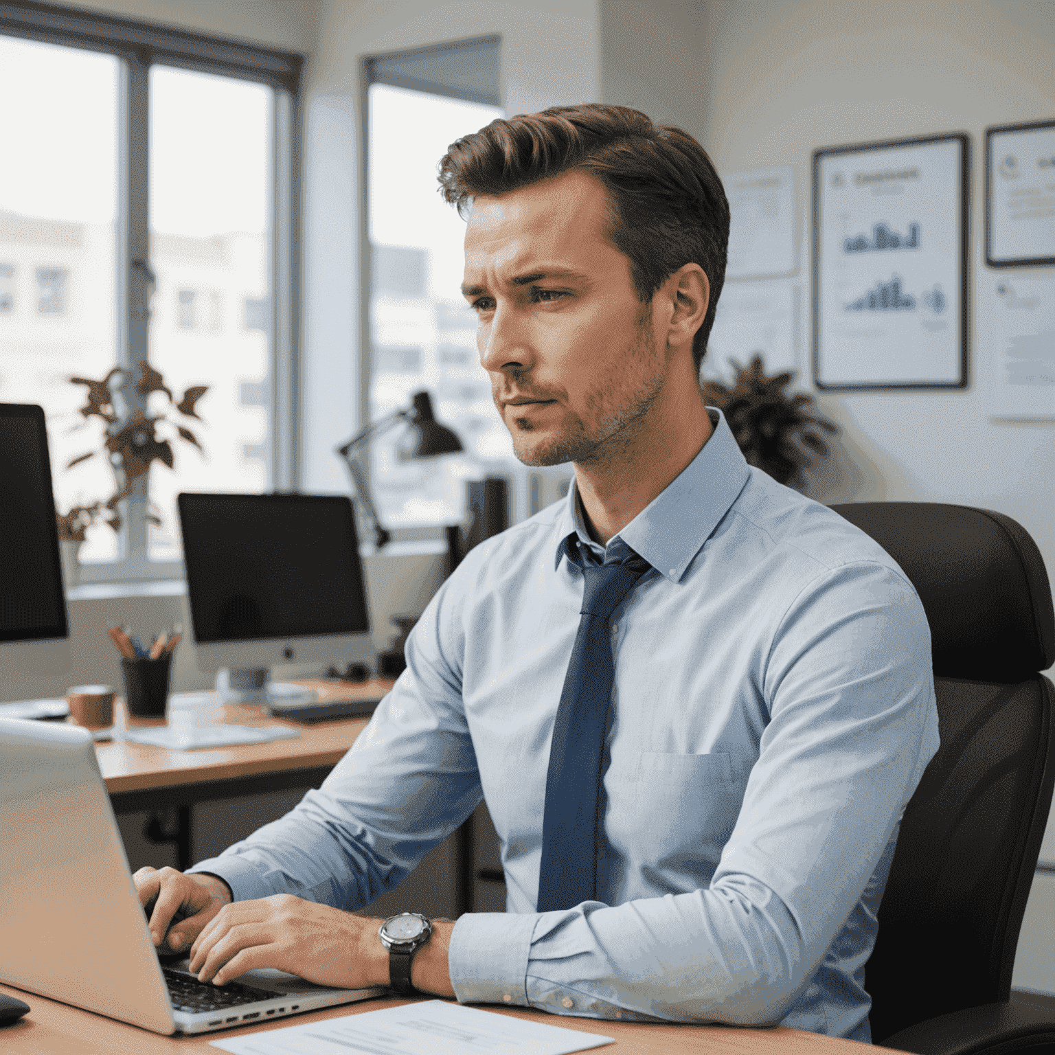 An office worker performing neck and shoulder rolls while seated at their desk