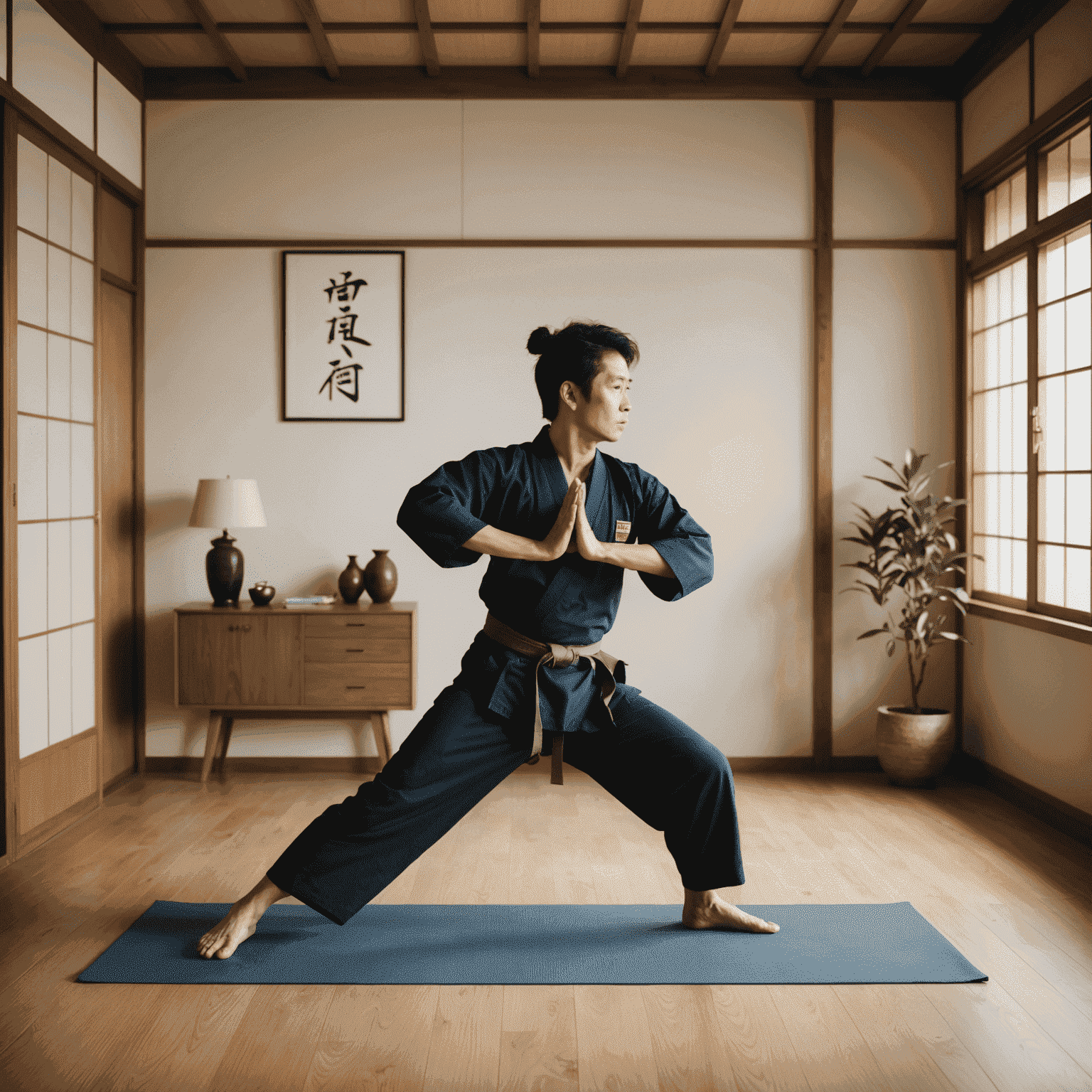 A person demonstrating a traditional Japanese exercise pose in a minimalist home setting