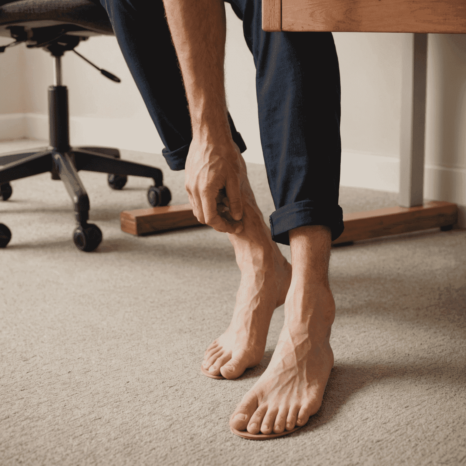 Close-up of a person's feet performing ankle rotations under their desk