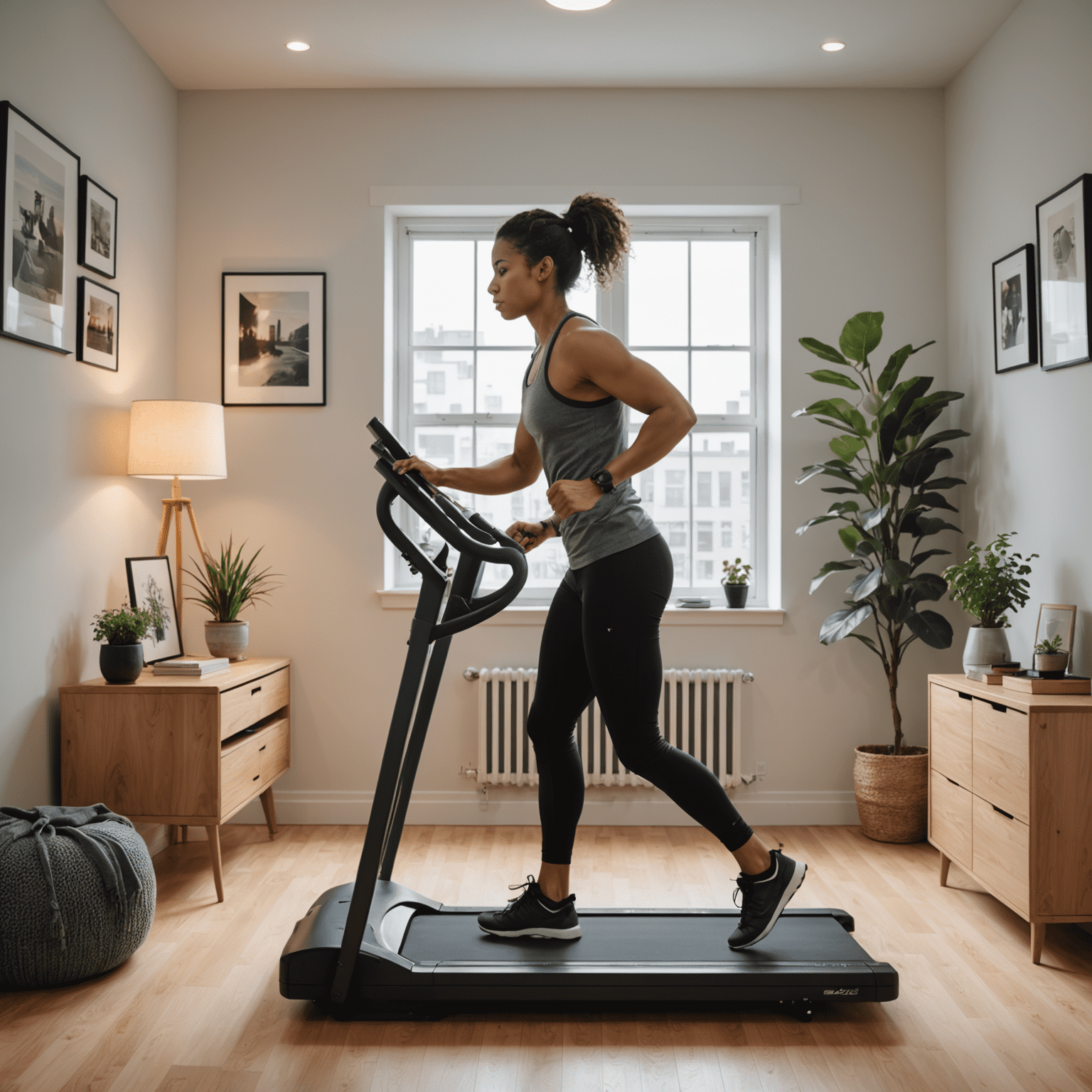 A person performing a low-impact cardio exercise in a small apartment space